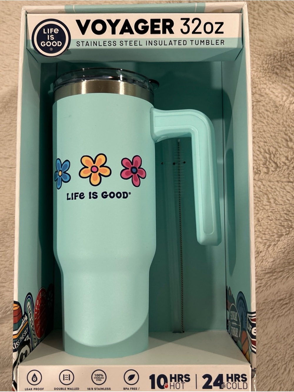 Life Is Good Aqua Insulated Tumbler with Multicolor Flower Design